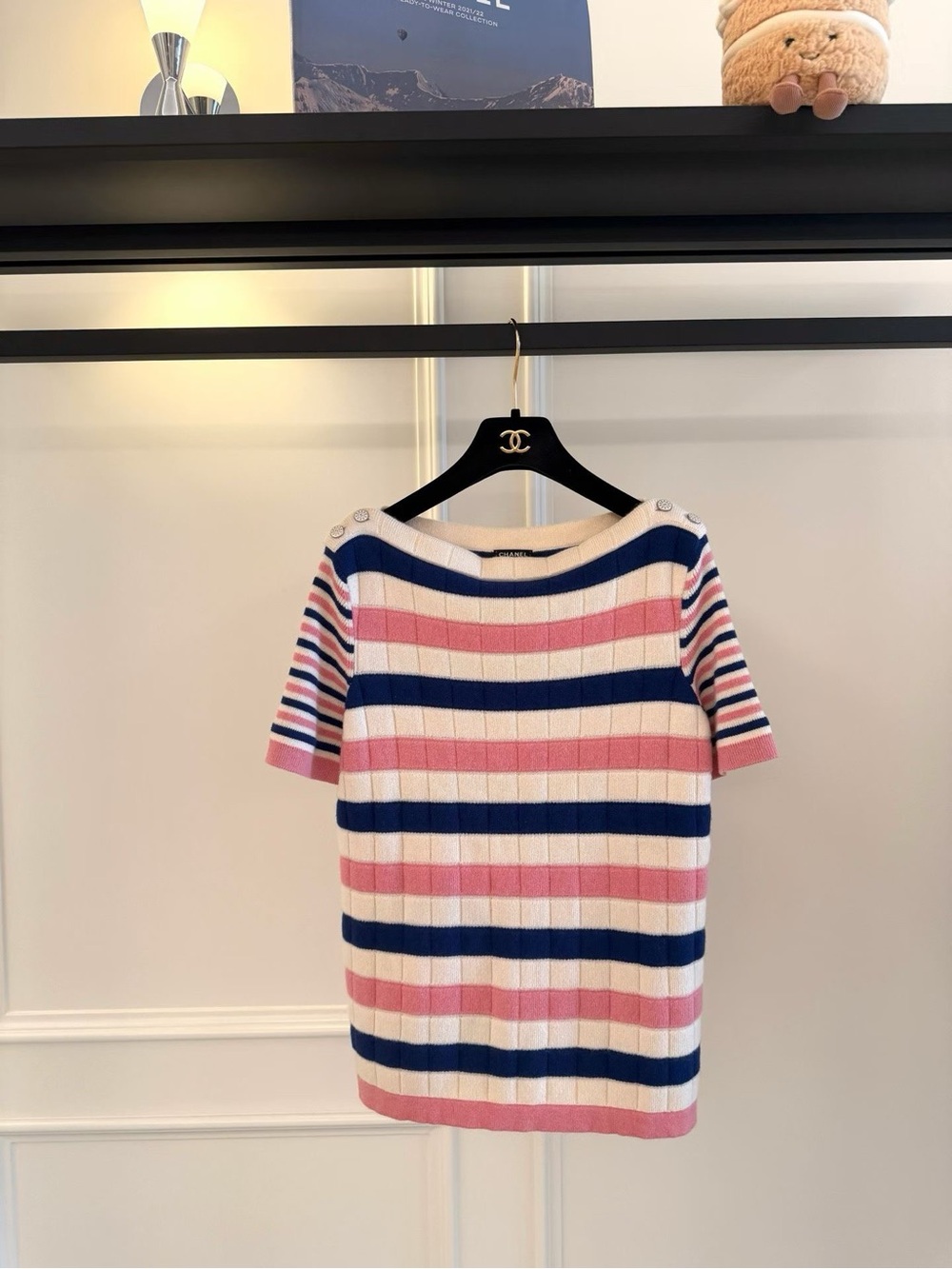 🚩steal CHANEL Pink White and Navy Striped Knit Shorts Set